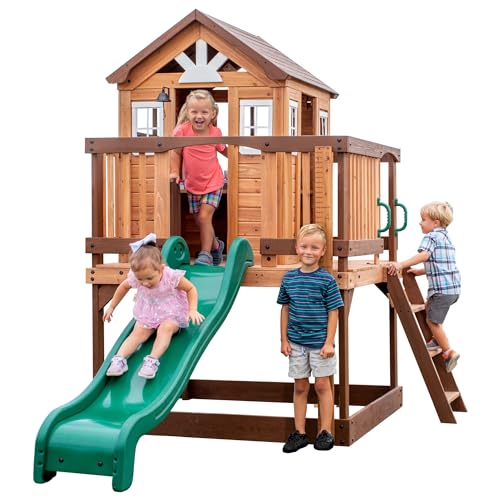 Image of Backyard Discovery Echo Heights Elevated Cedar Playhouse, Play Kitchen, Powered Blender, Working Bell, 6 ft Wave Slide, Wrap-Around Deck, Flat Step Ladder, Growth Chart