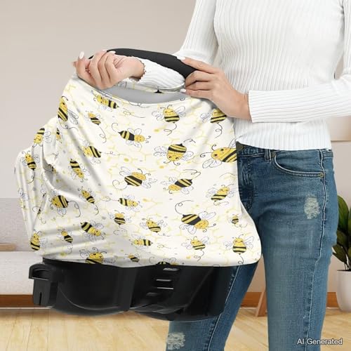 Image of Wanyint Infant Car Seat Cover Baby Carseat Scarf Stretchy Nursing Scarf Car Seat Canopy Breathable Nursing Cover for Boys Girls Halloween Decor, Bee Honeycomb Yellow