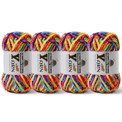 Image of 4 Pack Plush Chenille Chunky Yarn - Fluffy Velvet Yarn Crochet for Blanket Knitting and Crocheting - Soft Baby Yarns for Crocheting - Amigurumi Crochet Yarns 100g (87yds) (4 Rainbow)