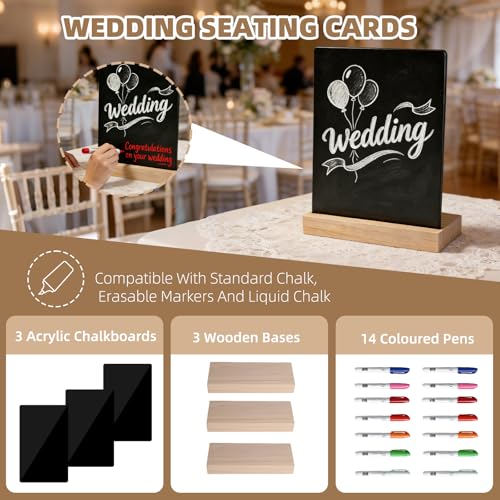 A4 Aufsteller Schiefertafel zum Beschriften, 3 Stück Acryl Kreidetafel mit Ständer Enthält 14 Farbstifte und ein Radiertuch Schiefertafel Zum Beschriften für Hochzeiten Partys, Tischdekoration, Bar, C