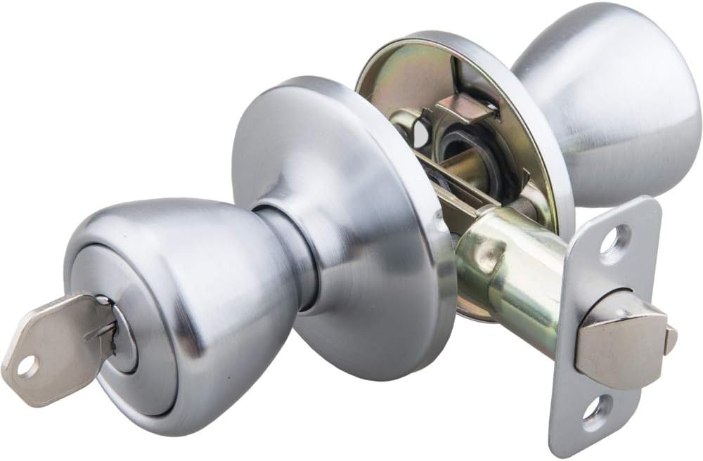 EZ-FLO 57794 Grade 3 Tulip Style Round Entry Door Knob Lockset, Radius Corner Latch Plate with Warranty, Satin Nickel