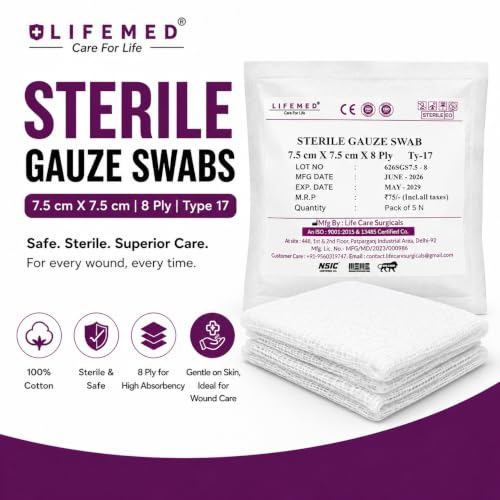 Image of LifeMed Sterile Gauze Swabs 7.5 x 7.5 cm, 8 Ply Type 17, 5 Swabs /Pack, Pack of 10 (50 Dressings)
