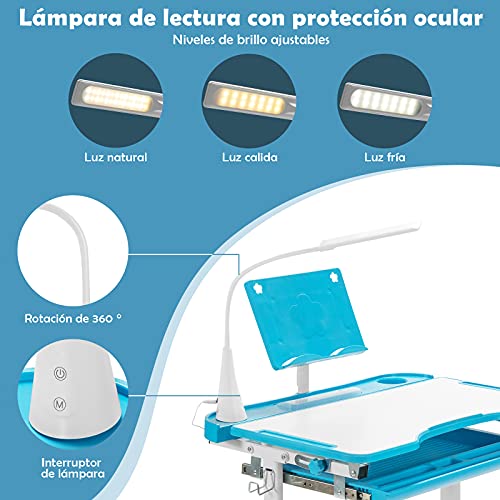 COSTWAY Set Escritorio y Silla para Niños +6 Años, Pupitres Infantil Altura Ajustable y Reclinable, Escritorio Infantil con Luz LED, Atril para Libros, Portalápices, 64X49X52-79cm Azul - imagen 4