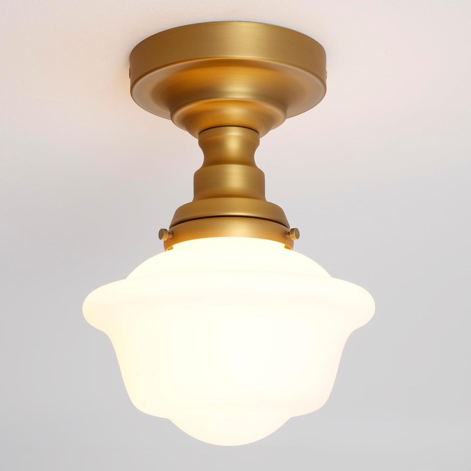 Modern Schoolhouse Semi Flush Mount Ceiling Light,Brass Gold Close to Ceiling Light Fixtures with Milky White Glass Hallway Ceiling Lamp for Laundry Kitchen Entryway Bathroom E26
