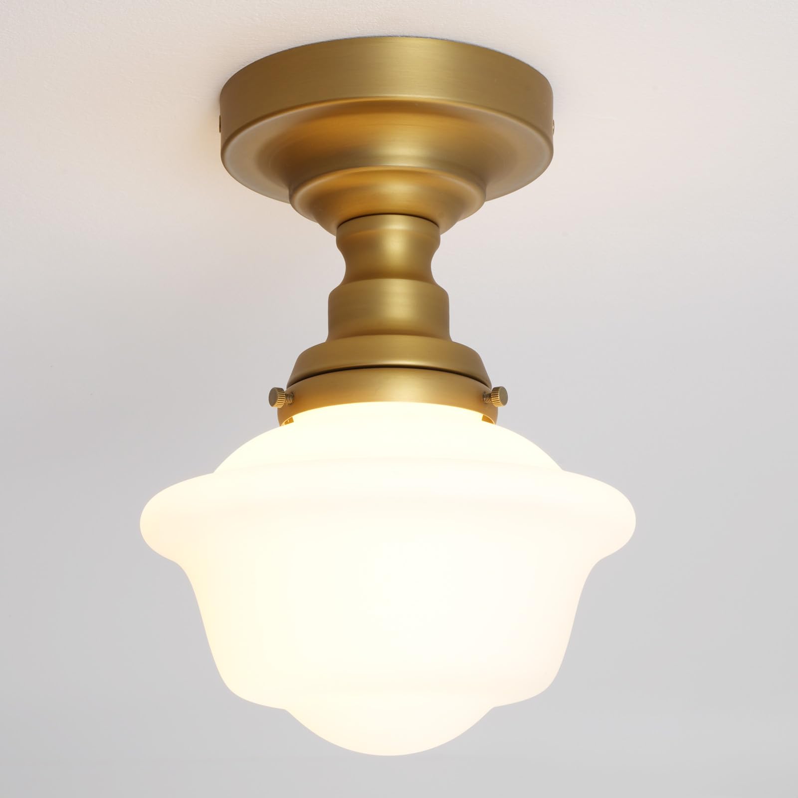 Teqinchy Vintage Gold Semi Flush Mount Ceiling Light with Milk Glass