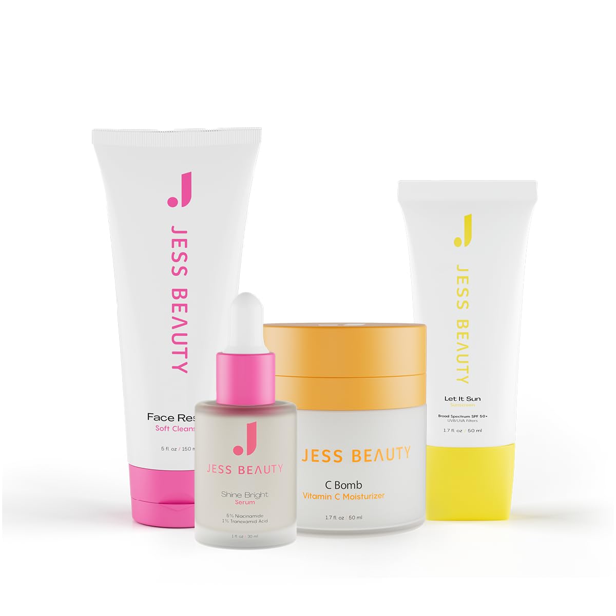 JESS BEAUTY | Dark Spots Kit, Face Reset Cleanser 5 fl. oz, Shine Bright Serum 1 fl. oz, C Bomb Vitamin C Moisturizer, 1.7 fl. oz, Let it Sun SPF 50 Sunscreen Gel 1.7 fl. oz