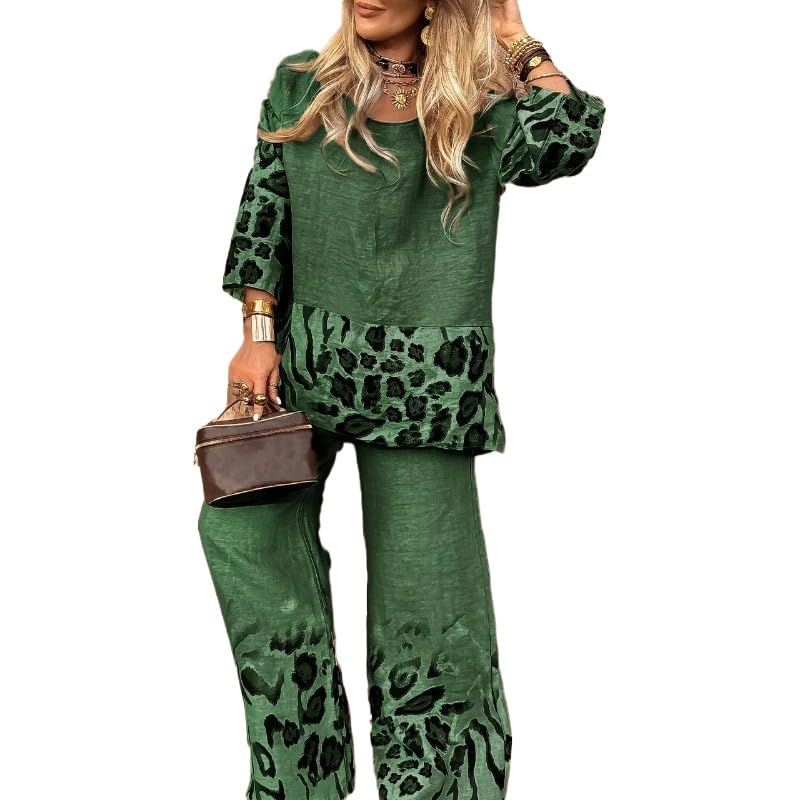 Womens Half Sleeved top and Pants Retro 2-Piece Set with Leopard Print lace and T-Shirt Wide Leg Pants