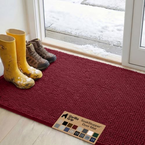 Image of GORILLA GRIP SoakSTOPPER Dog Door Mat, 48x30 Machine Washable Rug Absorbent Doormat Captures Moisture Mud Dirt, Quick Dry Soft Chenille Entryway Rugs Indoor Entrance Mats for Dog Paws, Burgundy