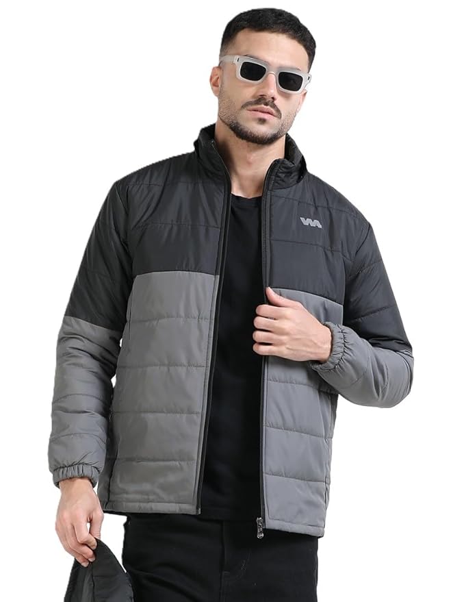 W A Walk Alone Winter Wear Jacket For Men | Polyester Bomber Full Sleeve Puffer Style Monsoon BLACK/GREY
