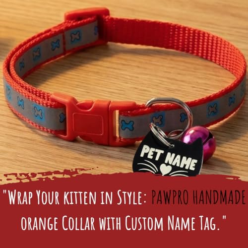 Image of PAWPRO HANDMADE Reflective Cat Collar with Custom ID Tag - Adjustable Collar with Bell for Cats & Small Dogs - Personalized Name Tag (Firecracker)