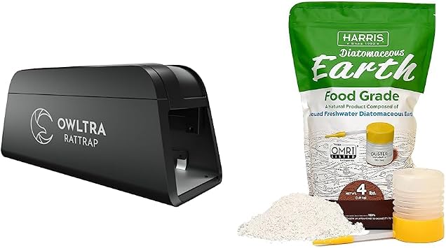 OWLTRA OW-1 Indoor Electric Rat Trap, Instant Kill Rodent Zapper with Pet Safe Trigger, Black, Large & Harris Diatomaceous Earth Food Grade, 4lb with Powder Duster Included in The Bag