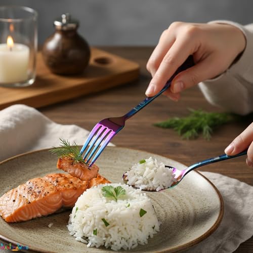 Image of Floral Rainbow 20 Pcs Stainless Steel Cutlery Set for Dining Table, Dishwasher Safe Glossy Flatware (4 Spoon Set+4 Forks Set+4 Butter Knife+4 Dessert Spoon+ 4 FruitFork)