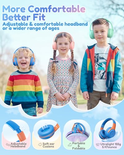 Image of awatrue USB-C Kids Headphones with Mic - 85 /94dB Volume Limiter, Foldable Wired Toddler Headphones for Boys & Girls, Over-Ear Type-C Kid Headphones for School, Travel, lPad, Tablet & Smartphones