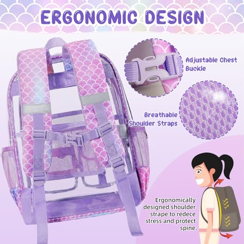 Image of Mermaid Clear Backpack for Girls, 17 Inch Heavy Duty Transparent School Bookbag for Kids with Pencil Case & Cute Accessories