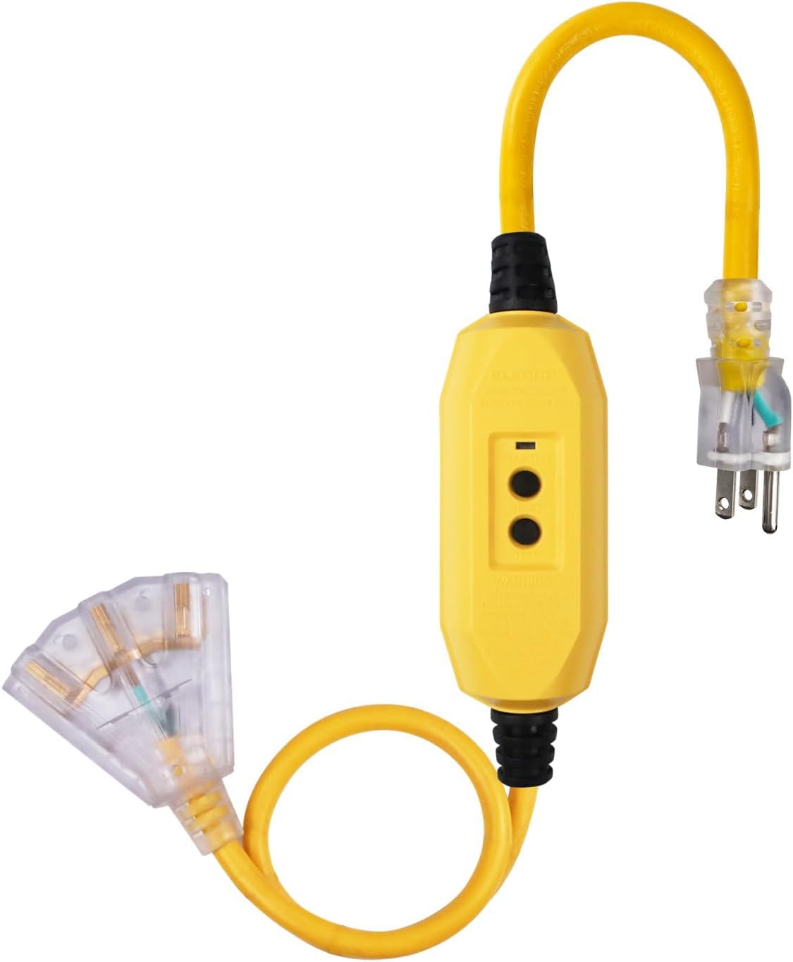 3 Ft Lighted GFCI Extension Cord with 3 Electrical Power Outlets - 12/3 SJTW Heavy Duty Yellow Pigtail Extension Cable with 3 Prong Grounded Plug for Safety, UL Listed