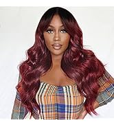 Red Wigs for Women,Long Curly Wavy Burgundy wig Synthetic Heat Resistant Ombre Red with Dark Root...
