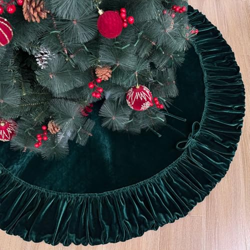 60-Inch Ruffled Velvet Christmas Tree Skirt, Forest Green
