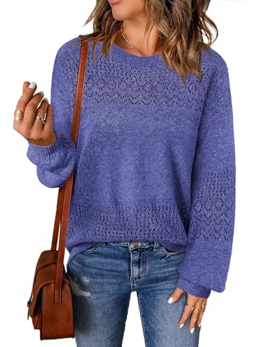 Image of Lylinan Womens Sweaters Casual Boho Long Sleeve Shirts Crewneck Lightweight Crochet Tops Pullover Knit Sweater