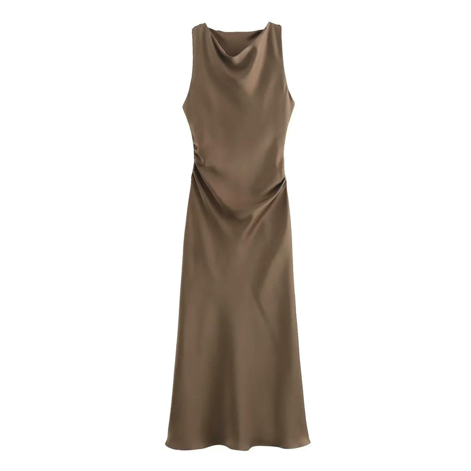 Vestito Donna Abiti Lunghi Satinici per Donne Slip Midi da Sexy Abito Sera Senza Maniche Eleganti-5-m