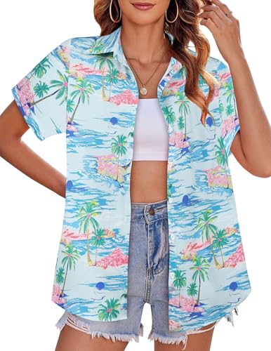 Image of Women Hawaiian Shirt Button Down Summer Tops Beach Short Sleeve Blouse