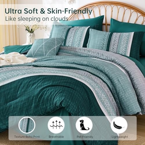 Image of Dintszyayue Teal Queen Comforter Size Set, 8 Pieces Striped Texture Bed in a Bag Bedding Sets, Lightweight Soft Comforter and Sheet Set, All Season Microfiber Teen Boys Bedding Sets for Men Women