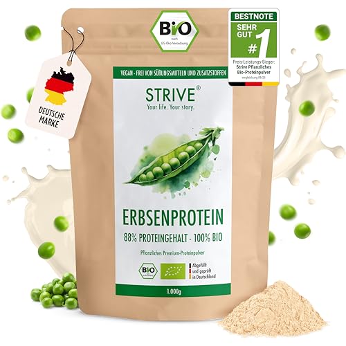STRIVE Erbsenprotein 100% BIO Vegan | Fermentiertes Premium Erbsenprotein Isolat | Cremig, gut löslich, neutral | 1 kg Bio Eiweiß Pulver mit allen Aminosäuren | Geprüfte Qualität DE-ÖKO-039