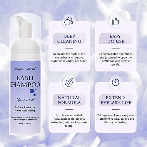 Lash Shampoo For Lash Extensions 150Ml Eyelash Extension Cleanser Natural Lash Extension Shampoo Arison Safety Gentle Eyelid Foaming Cleanser Makeup Remover, For Home And Salon Use, Deep Cleansing & Nourishing Unscented #TOP2