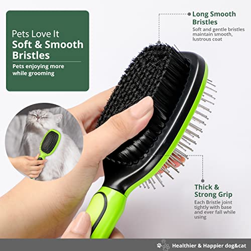 Double Sided Dog Brush, Grooming Brush with Rounded Pins & Bristles, Dog Brushes for Grooming with Anti Slip Handle & Free Cleaning Tool. - Image 6