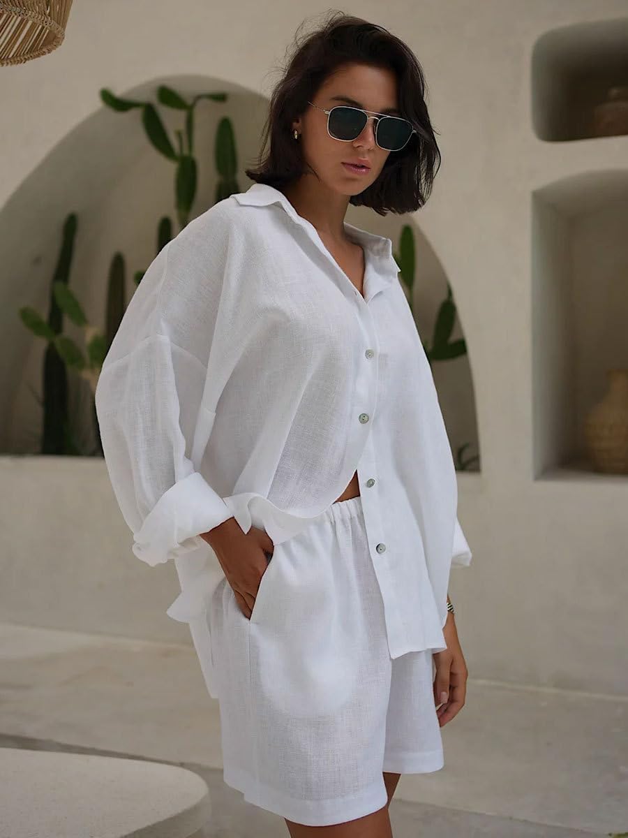 Women’s 2 Piece Sets Casual Lounge Pajama Long Sleeve Shirt and Loose Waisted Mini Shorts Set Spring Fall Outfit