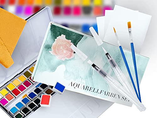 ARTISTIQUE Aquarellfarben Set - 48 Wasserfarben Aquarell Set - Wasserfarbkasten metallic Farben mit Pinsel, Maltuch - Kompakter Aquarellkasten weiß