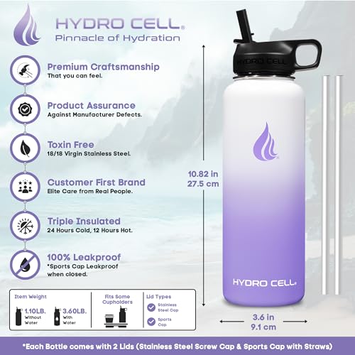 Image of HYDRO CELL Stainless Steel Insulated Water Bottle with Straw - For Cold & Hot Drinks - Metal Vacuum Flask with Screw Cap and Modern Leakproof Sport Thermos for Adults (Lavender /White 40oz)