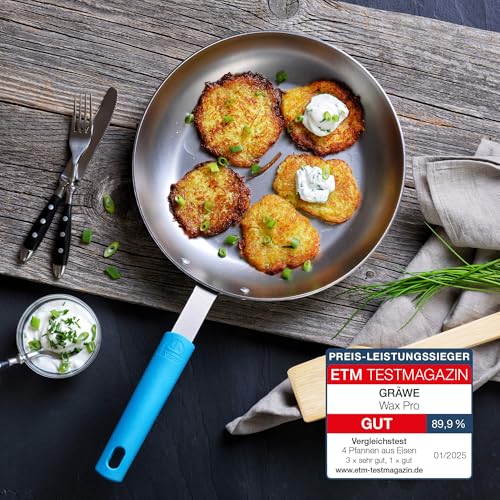 Foto von GRÄWE Pfanne aus Eisen - Wax Pro Eisenpfanne Ø 28 cm, 400° C hitzebeständig, schnitt- & kratzfeste Bratpfanne, natürliche Antihaftbeschichtung (Patina), für Küche & Outdoor-Cooking, induktionsgeeignet