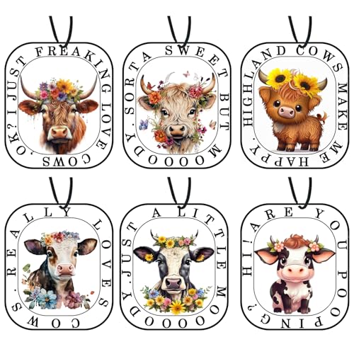 Highland Cow Car Air Fresheners, Cute Cow Print Stuff Hanging Car Accessories Merch Stuffed Animals Decor Gifts 6 Pack for Women Men Home Decorations Party
