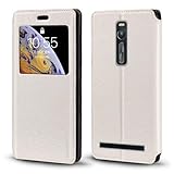 Shantime Sichtfenster-Lederhülle Kompatibel mit Asus ZenFone 2 Deluxe, Elegantes Design mit Klarsichtanzeige, Unsichtbarem Magnetverschluss & Kartenfach(Weiß)