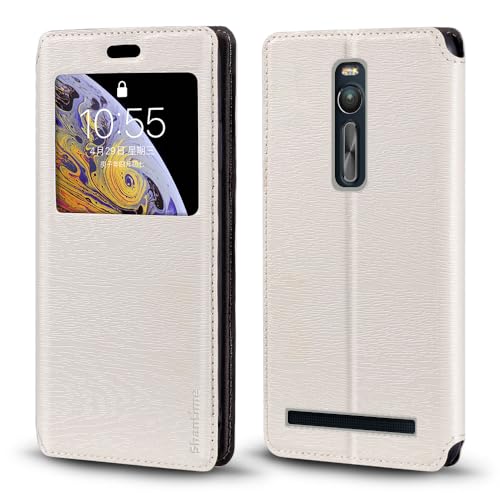 Shantime Sichtfenster-Lederhülle Kompatibel mit Asus ZenFone 2 Deluxe, Elegantes Design mit Klarsichtanzeige, Unsichtbarem Magnetverschluss & Kartenfach(Weiß)