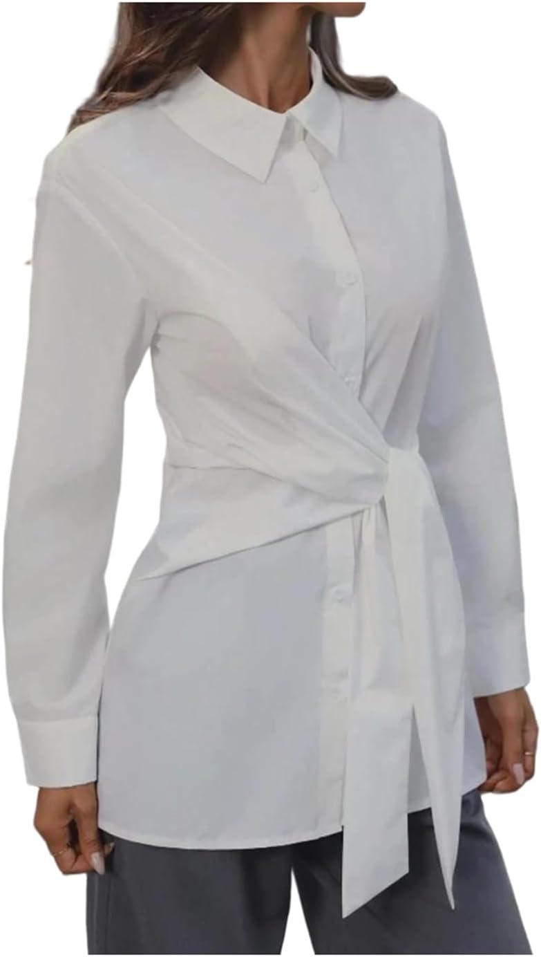 Women's Belted Long Sleeve Shirt Classic Button-Up Elegant Top