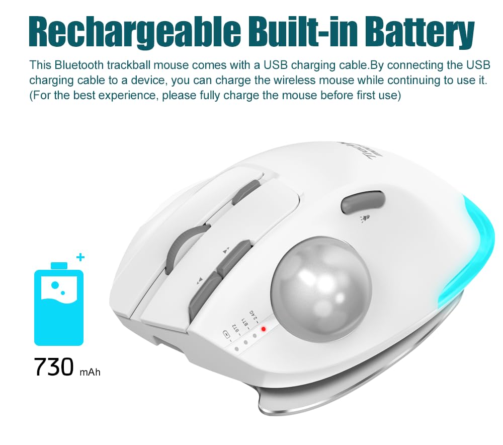 zelotes Souris Trackball,Souris sans Fil Bluetooth,Rechargeable,4800DPI,8 Boutons,BT5.0/3.0+2.4G,Connexion De 3 Appareils,Conception Ergonomique,pour PC,Pad,Tablets