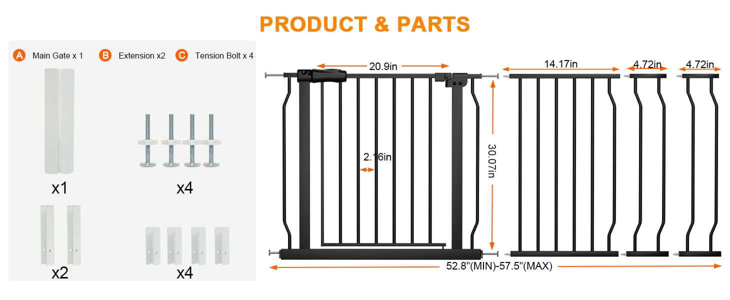 Hooen - Puertas de Seguridad Salvaescaleras para Niños y Mascotas, Extra Anchas para Escaleras, Puertas de Cierre Automático, de Metal, Negro, con Montaje de Presión, 133 a 137 cm