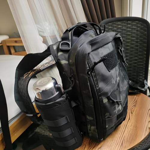 Taktisch Flaschenhalter,Taktische Molle Wasserflaschentasche, Militär Trinkflasche Beutel,Tragbarer Wasserbehälter Beutel Tasche,mit Kordelzug und Mesh Unterseite, Nylon, für Camping Wandern (Schwarz)