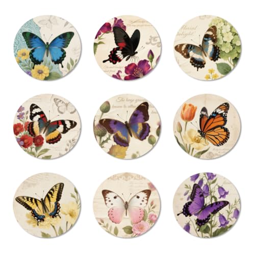 ANATTASOUL 9 Pezzi di Pattern Fiore Vintage E Farfalla Sottobicchieri Legno, Sottobicchieri per Bevande,Coaster per Tavolino del Caffè, Decorazione per Cucina e Sala da Pranzo