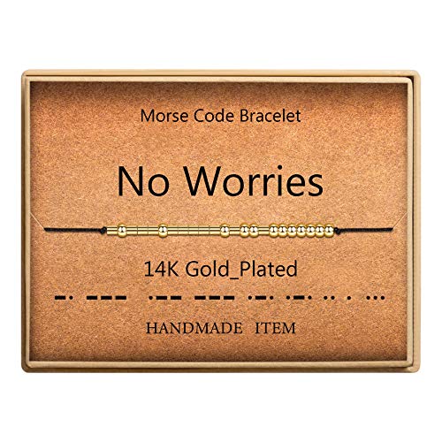 Morse Code Bracelet 14k Gold Plated Beads on Silk Cord Secret Message No Worries Bracelet Gift Jewelry for Her