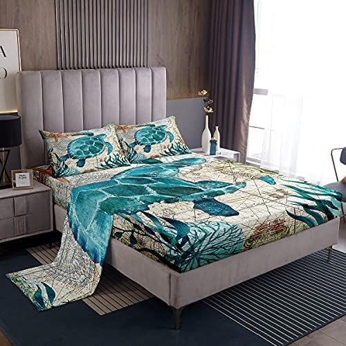 Sea Turtle Bedding Set,Ocean Beach Themed 4 Piece Sheet Set Children Teens Retro Tortoise Bed Sheet Set Hawaiian Reptile Turtle Printed Bed Set Includes 1 Fitted Sheet,1 Flat Sheet,2 Pillowcases,Queen
