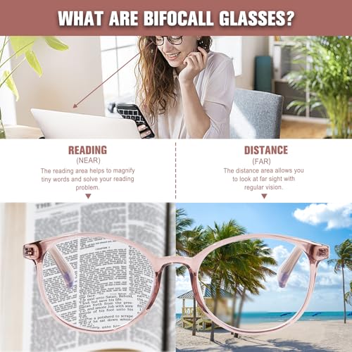 OPTOFENDY Bifocal Reading Glasses for Women, TR90 Round Clear Top Blue Light Computer Readers with Spring Hinge, Light Brown 1.5
