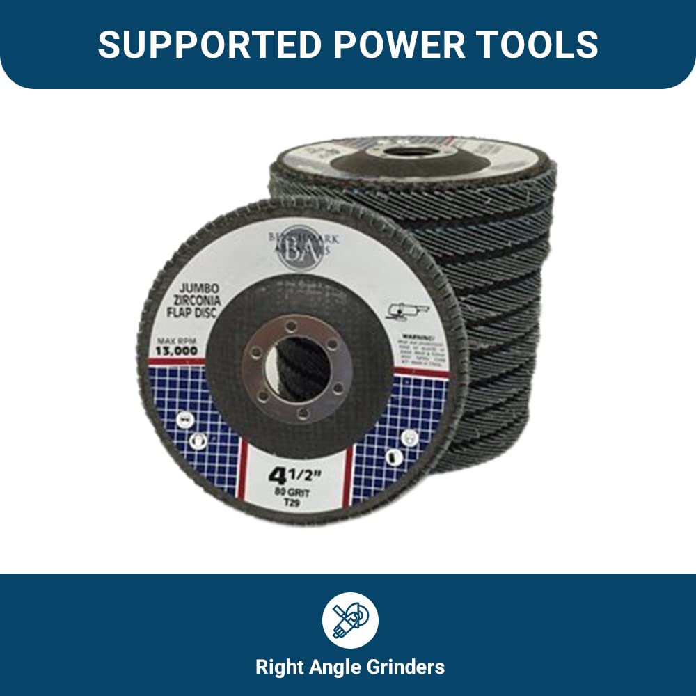 Benchmark Abrasives 4-1/2" x 7/8" Premium High-Density Jumbo Zirconia Type 29 Flap Discs for Sanding, Stock and Rust Removal, Finishing, Grinding, Deburring (20 Pack) - 80 Grit