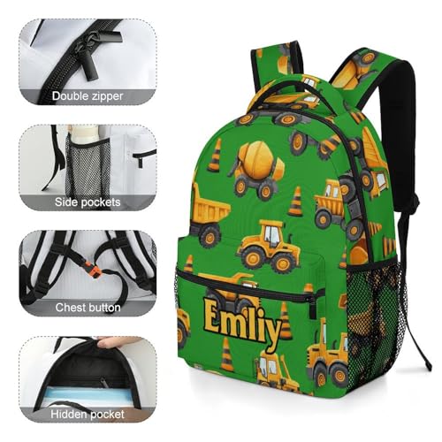 Personalized Construction Truck Green Print School Backpack for Students Children Custom Themed Schoolbag for Girl Boy Casual Bookbag 16 In4
