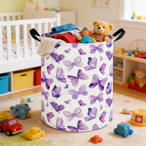 Image of Butterfly hamper,Purple Laundry Basket,Baby Nursery Hamper,Waterproof foldable girls toy storage box,Dirty Clothes Hampers,Flower house decor(Purple Butterflies)