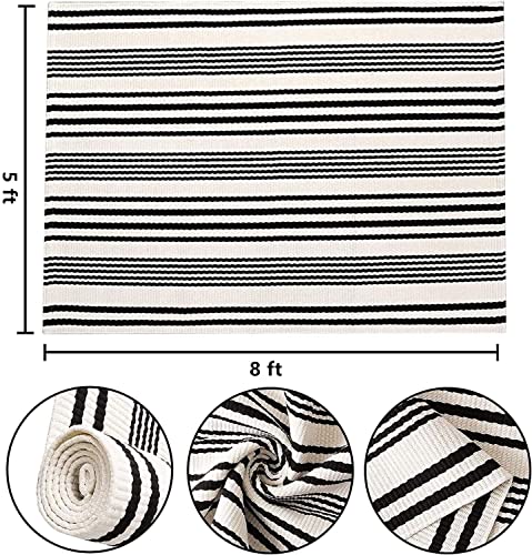Black And White Outdoor Patio Rug 5' X 8' Hand-Woven Cotton Reversible Striped Washable Rug Indoor/Outdoor Area Rug Floor Mat For Backyard/Living/Room/Porch/Lawn/Bedroom/Farmhous (White, 5' X 8') #TOP1