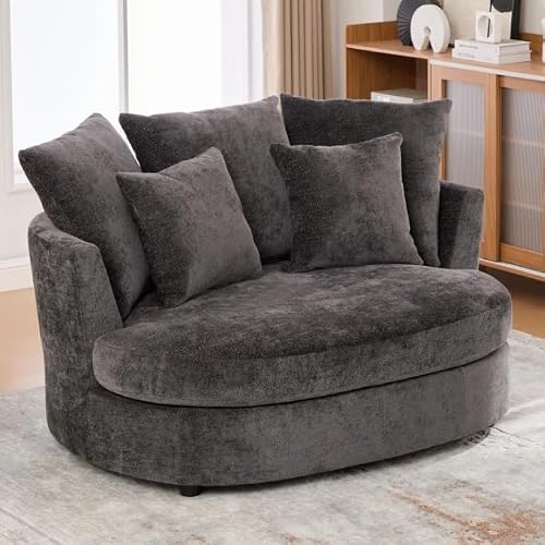 Round Swivel Accent Chair, Dark Gray Chenille Fabric, Oversized Cuddle Chair with Throw Pillows