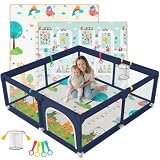 JUPPLIES Parque Infantil Bebe 120x120cm + Alfombra Bebe + Agarraderas + Canasta – Corralito Bebe con Malla Transpirable – Parque de Juegos Bebe Plegable con Puerta Lateral – Playpen Bebe (Azul)