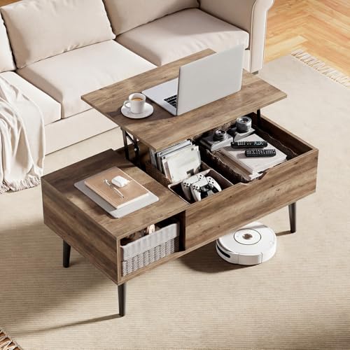 Image of OLIXIS Wooden Coffee Table, Lift Top Coffee Table with Large Hidden Compartment and Ample Storage Shelf, Lift Tabletop Dining Table for Living Room, Home Small Space, Grey
